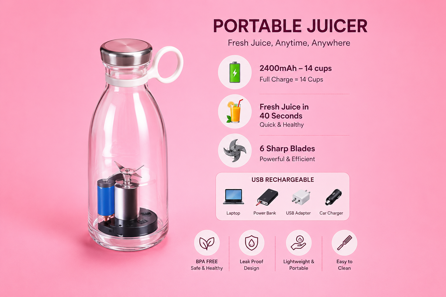 Smoothie Machine Electric Household juice maker Wireless Rechargeable Usb Mini Hand Portable Fruit Blender - Image 4